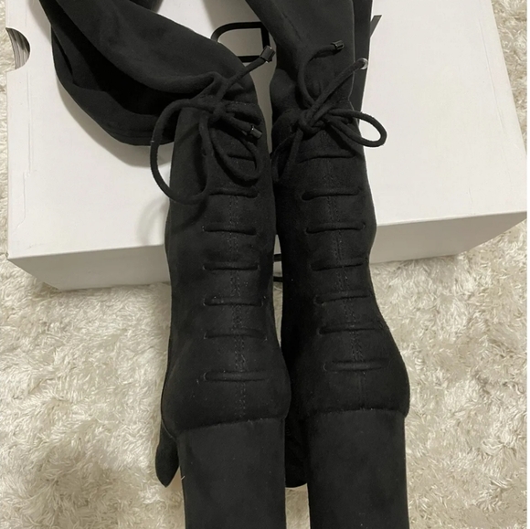 ALDO Adessi Over Knee Thigh High Block Heel Bow Tie Zip Black Suede Boots 8.5/39 - Picture 4 of 13